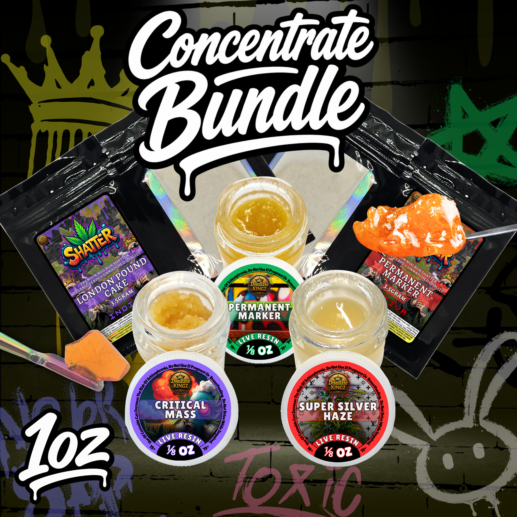 Distillate Kingz 1oz concentrate bundle with live resin jars, shatter packs, isolate, and cannabis extracts