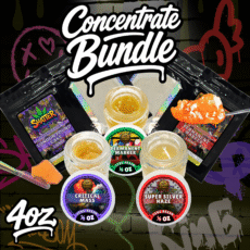 Distillate Kingz 4oz concentrate bundle with live resin jars, shatter packs, isolate, dab tools, and premium cannabis extracts