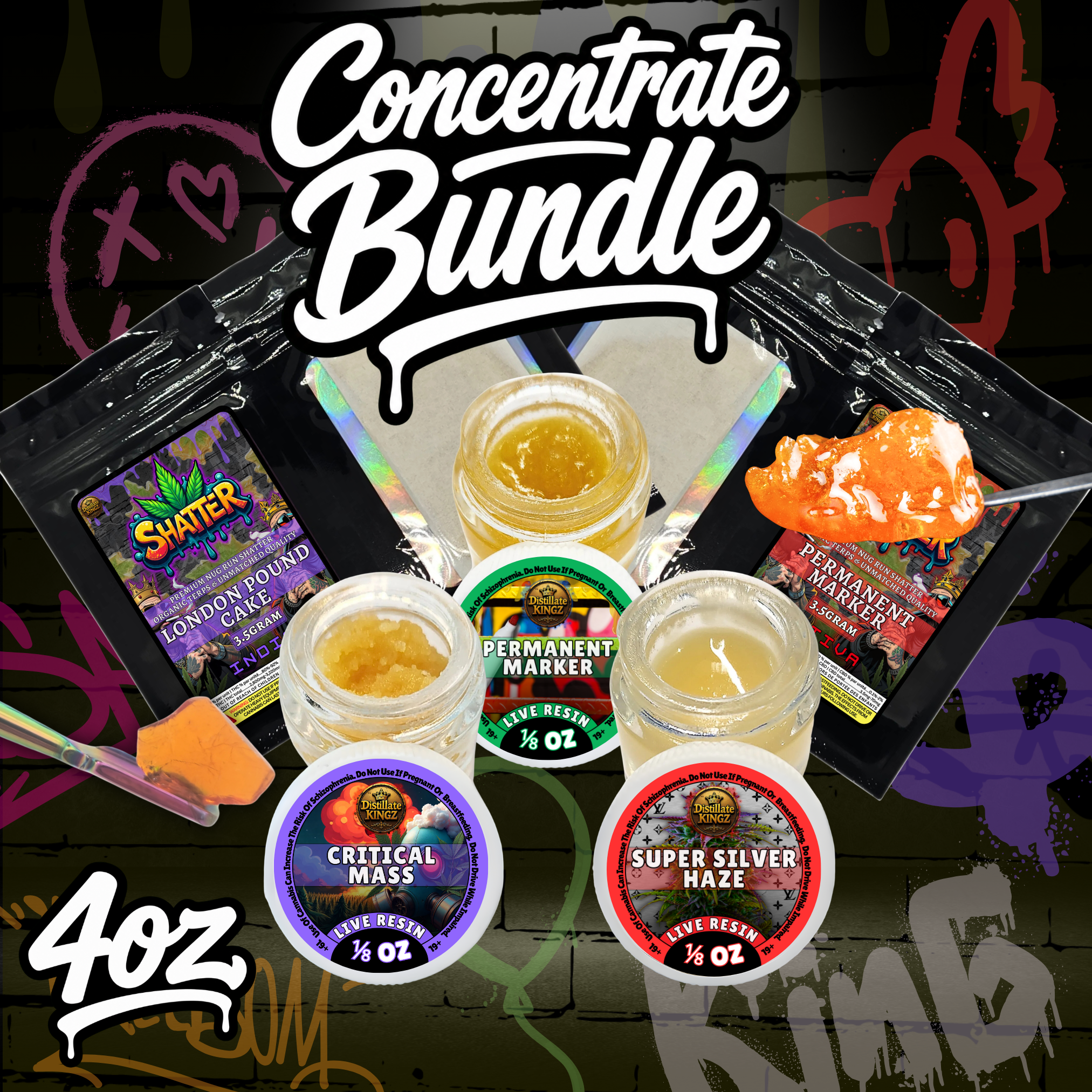 Distillate Kingz 4oz concentrate bundle with live resin jars, shatter packs, isolate, dab tools, and premium cannabis extracts