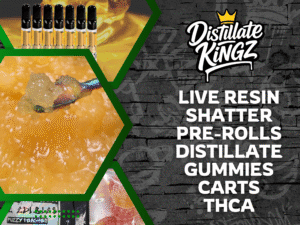 Cheap Cannabis Extracts Canada homepage image from Distillate Kingz with live resin, shatter, pre rolls, distillate, gummies, carts, and THCa
