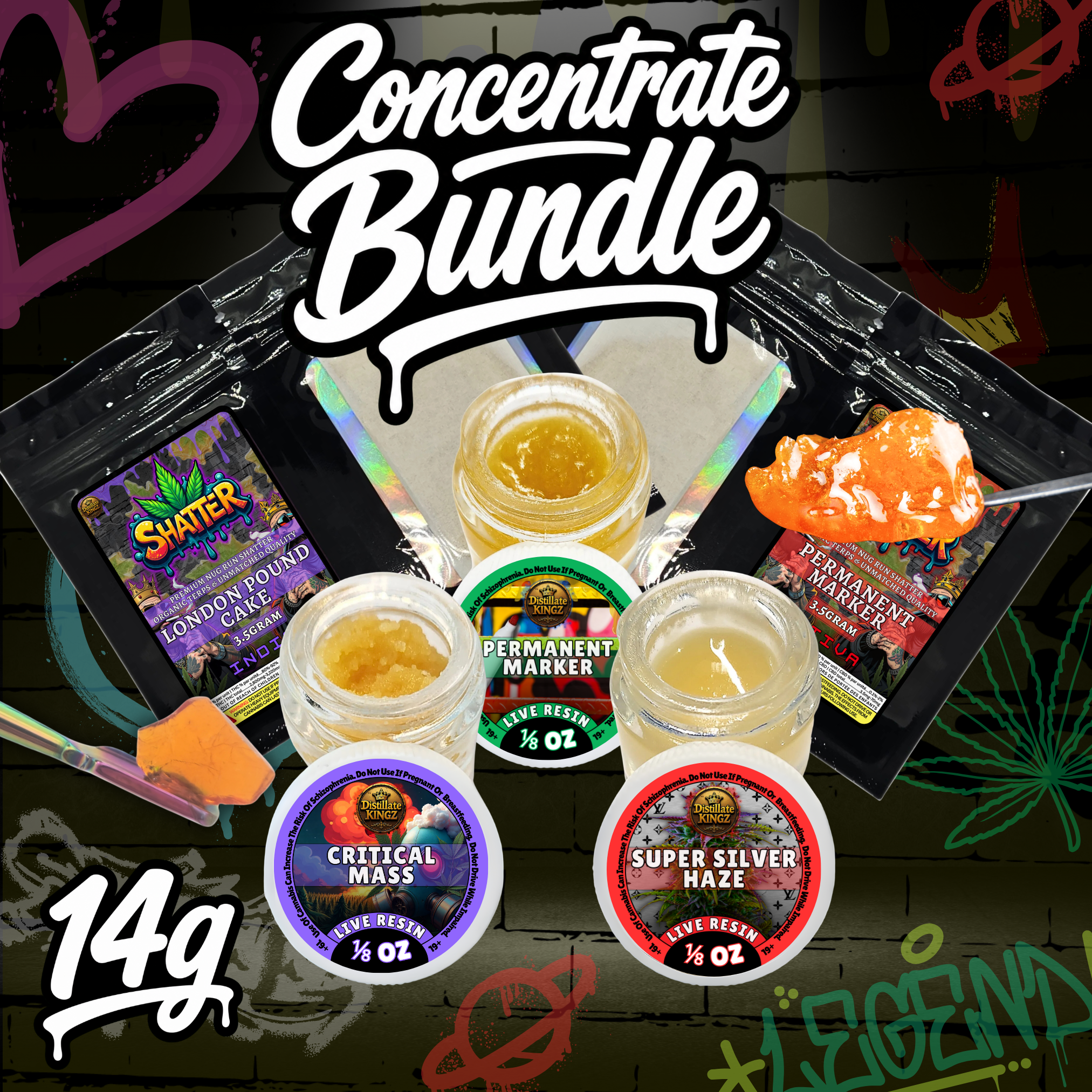 Distillate Kingz 14g concentrate bundle with live resin jars, shatter packs, isolate, dab tools, and cannabis extracts