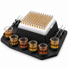 Distillate Kingz black PETG cart filling station with seven 100 mL beaker holders and a 100 cartridge white foam tray.