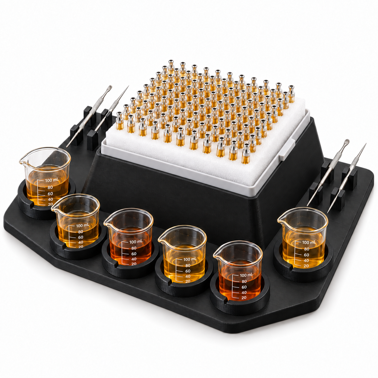 Distillate Kingz black PETG cart filling station with seven 100 mL beaker holders and a 100 cartridge white foam tray.